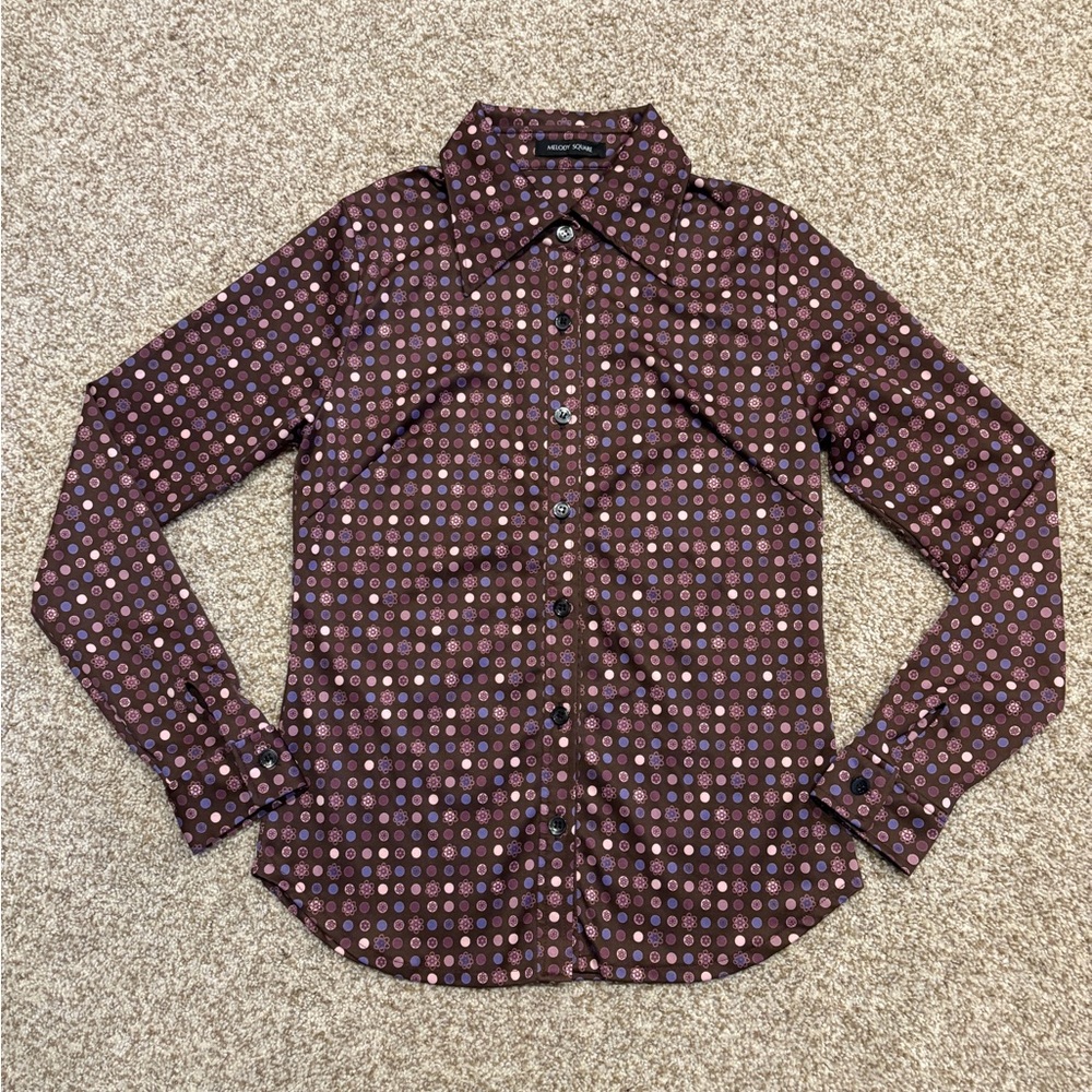 “Melody Square”, magenta, flower patterned, button up shirt, size small